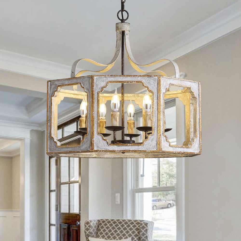 Lightelk Country Pendant Lamp - Distressed Wood & Rust Iron 8-Light Chandelier