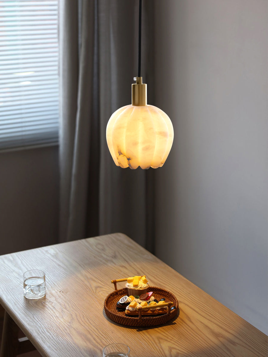 Lilin Alabaster Pendant Light - Carved Natural Alabaster & Patinated Brass Pendant
