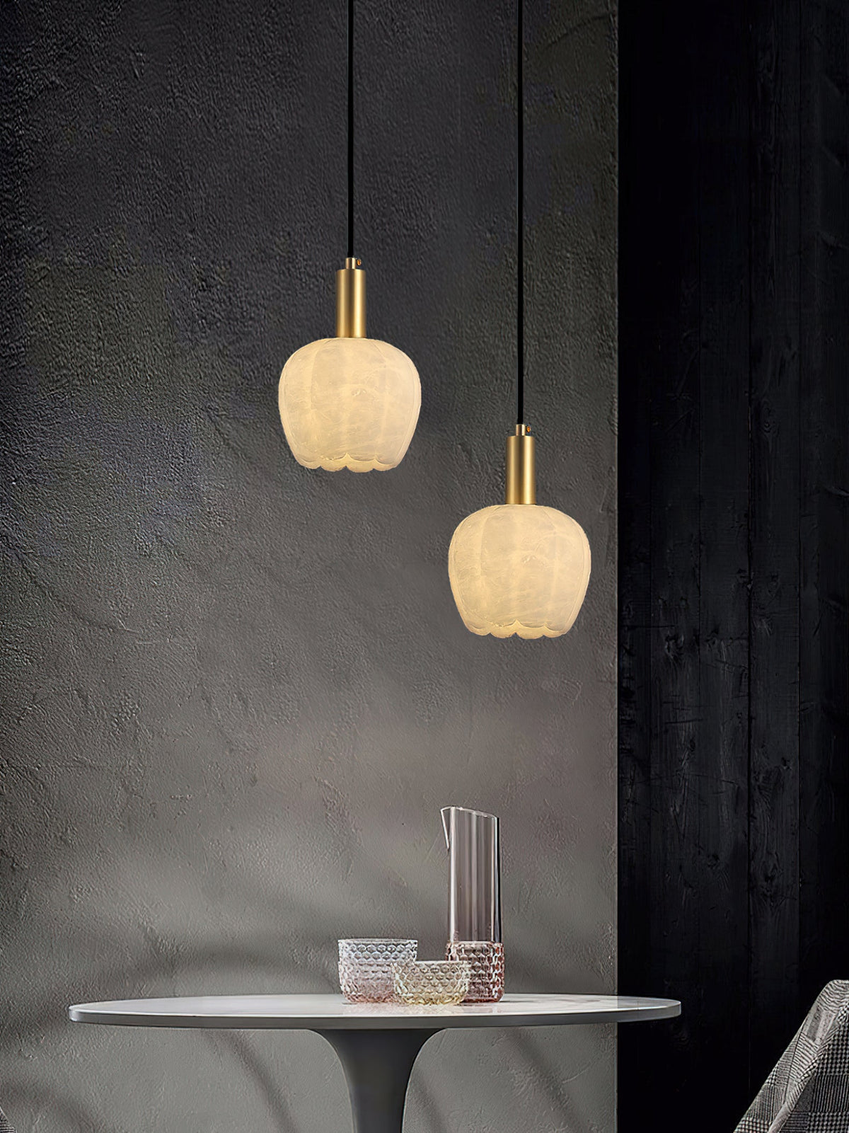Lilin Alabaster Pendant Light - Carved Natural Alabaster & Patinated Brass Pendant