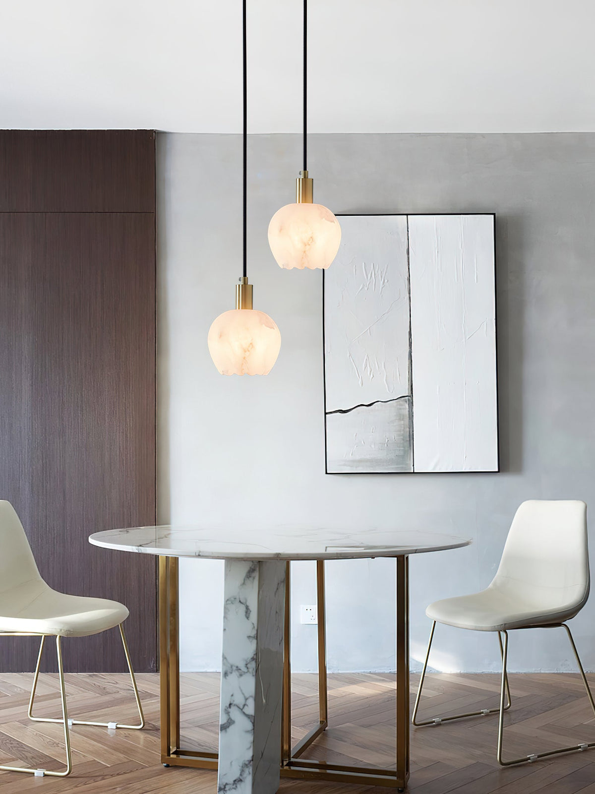 Lilin Alabaster Pendant Light - Carved Natural Alabaster & Patinated Brass Pendant
