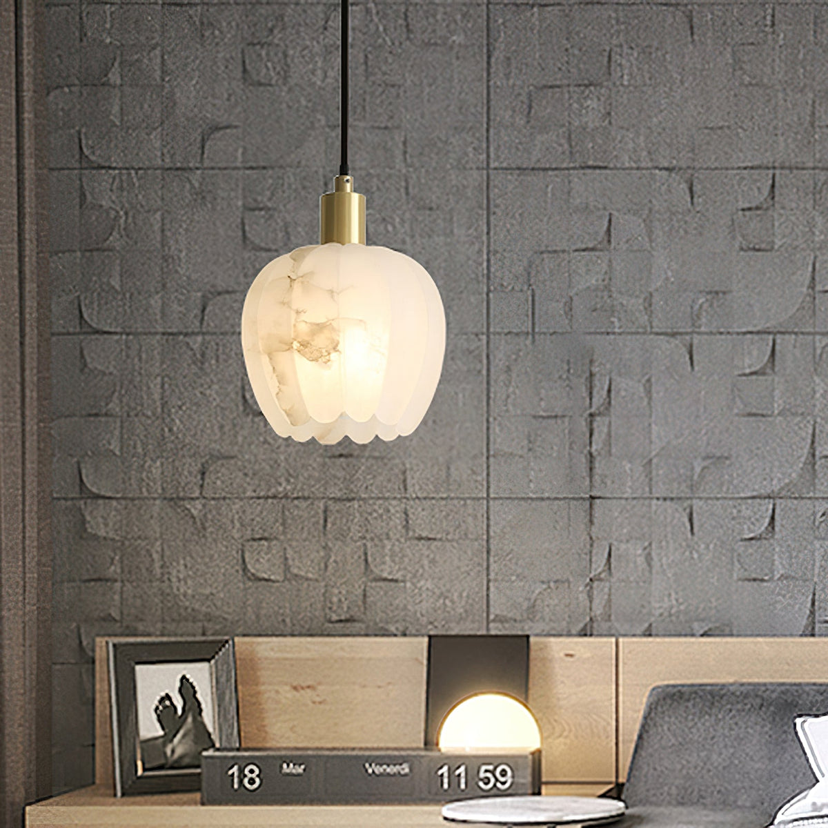 Lilin Alabaster Pendant Light - Carved Natural Alabaster & Patinated Brass Pendant