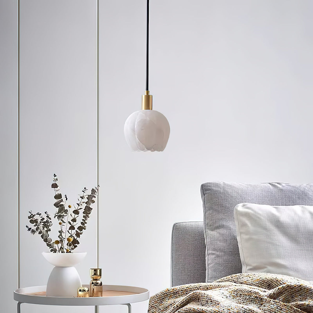 Lilin Alabaster Pendant Light - Carved Natural Alabaster & Patinated Brass Pendant