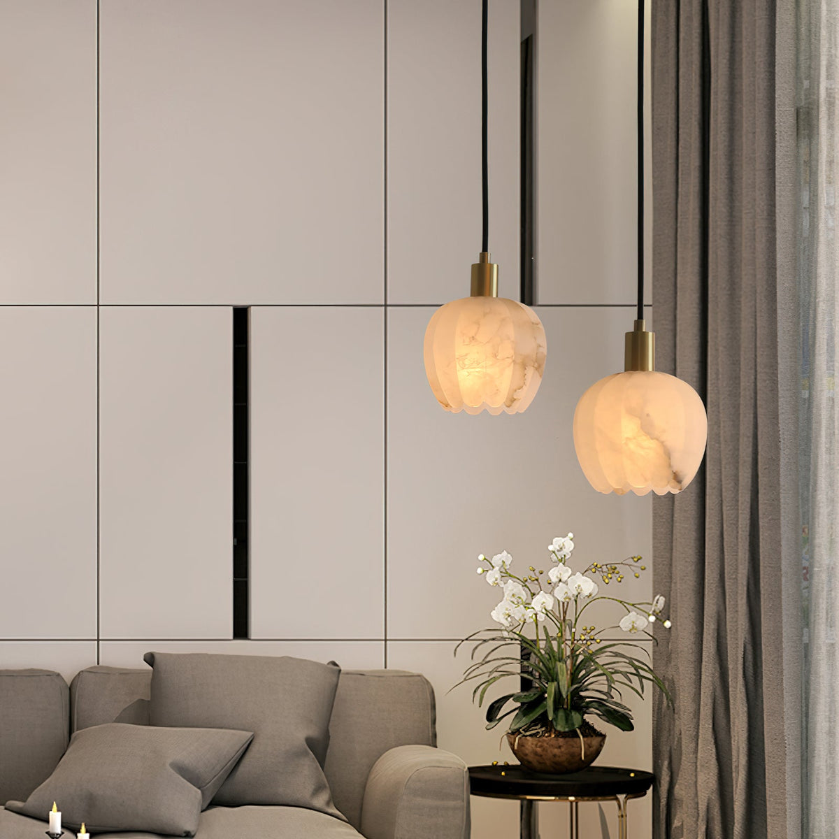 Lilin Alabaster Pendant Light - Carved Natural Alabaster & Patinated Brass Pendant