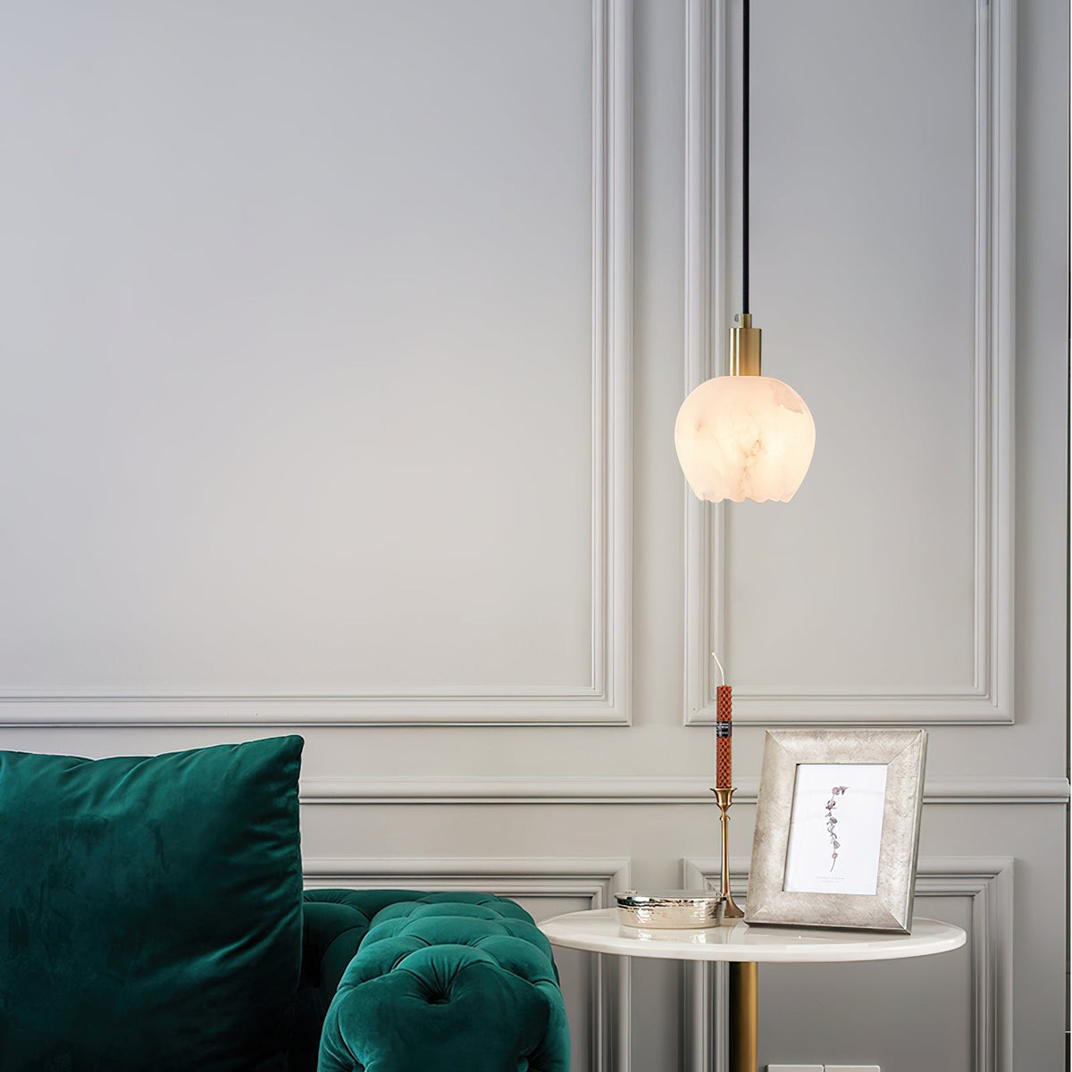 Lilin Alabaster Pendant Light - Carved Natural Alabaster & Patinated Brass Pendant