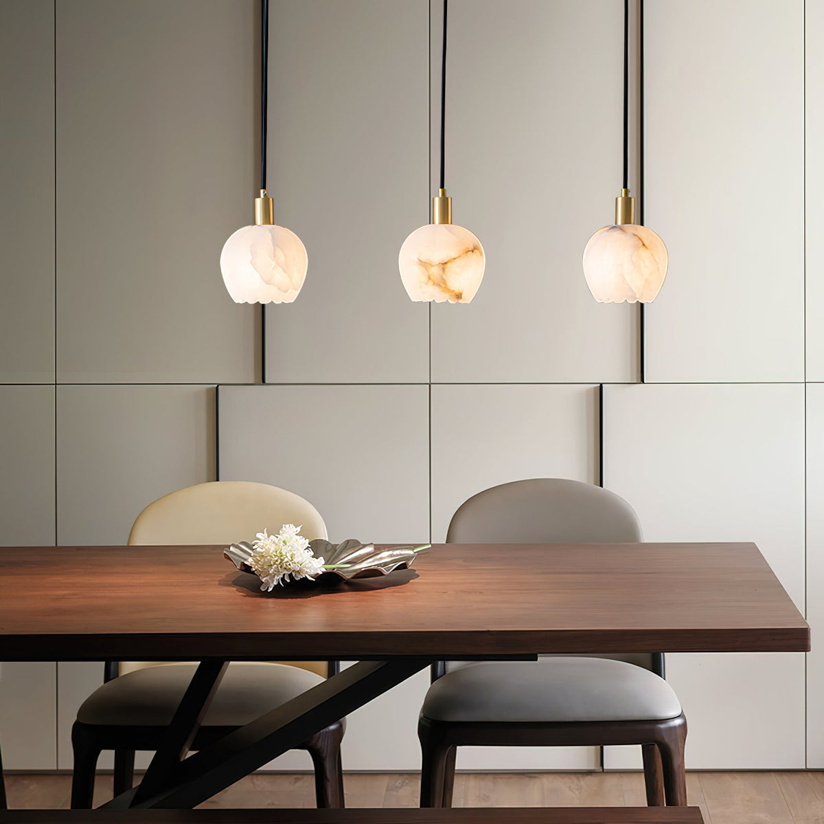 Lilin Alabaster Pendant Light - Carved Natural Alabaster & Patinated Brass Pendant