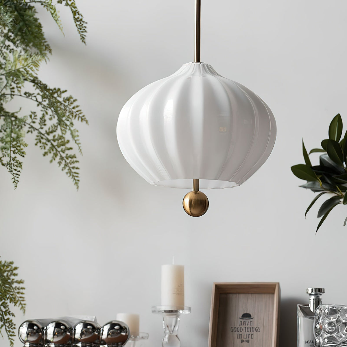 Lilli Pendant Lamp - Floral Hand-Blown Opal Glass & Brass Pendant