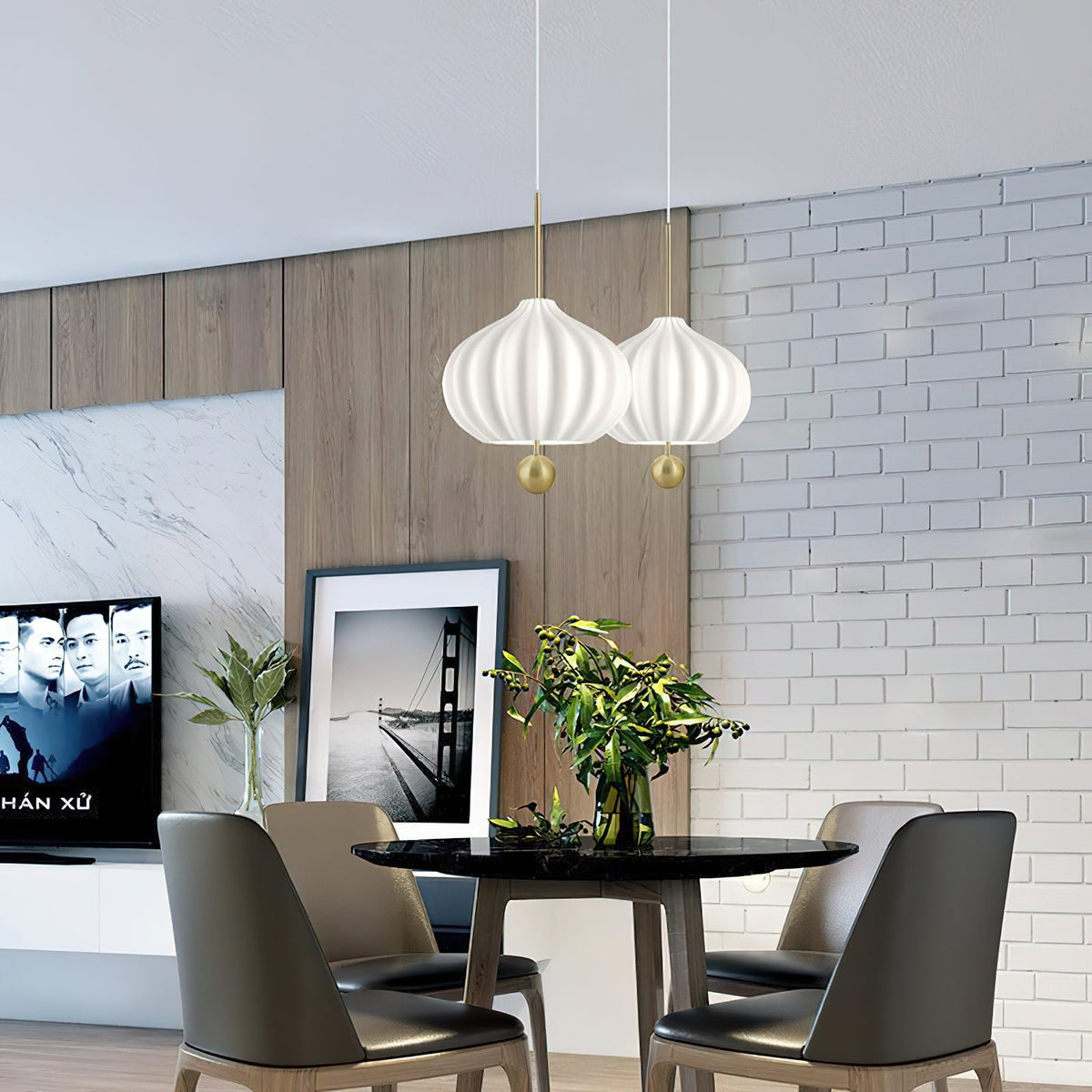 Lilli Pendant Lamp - Floral Hand-Blown Opal Glass & Brass Pendant