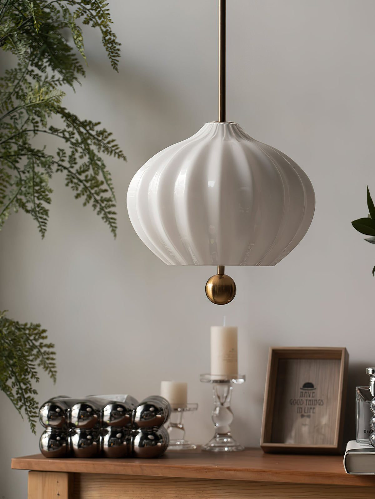 Lilli Pendant Lamp - Floral Hand-Blown Opal Glass & Brass Pendant
