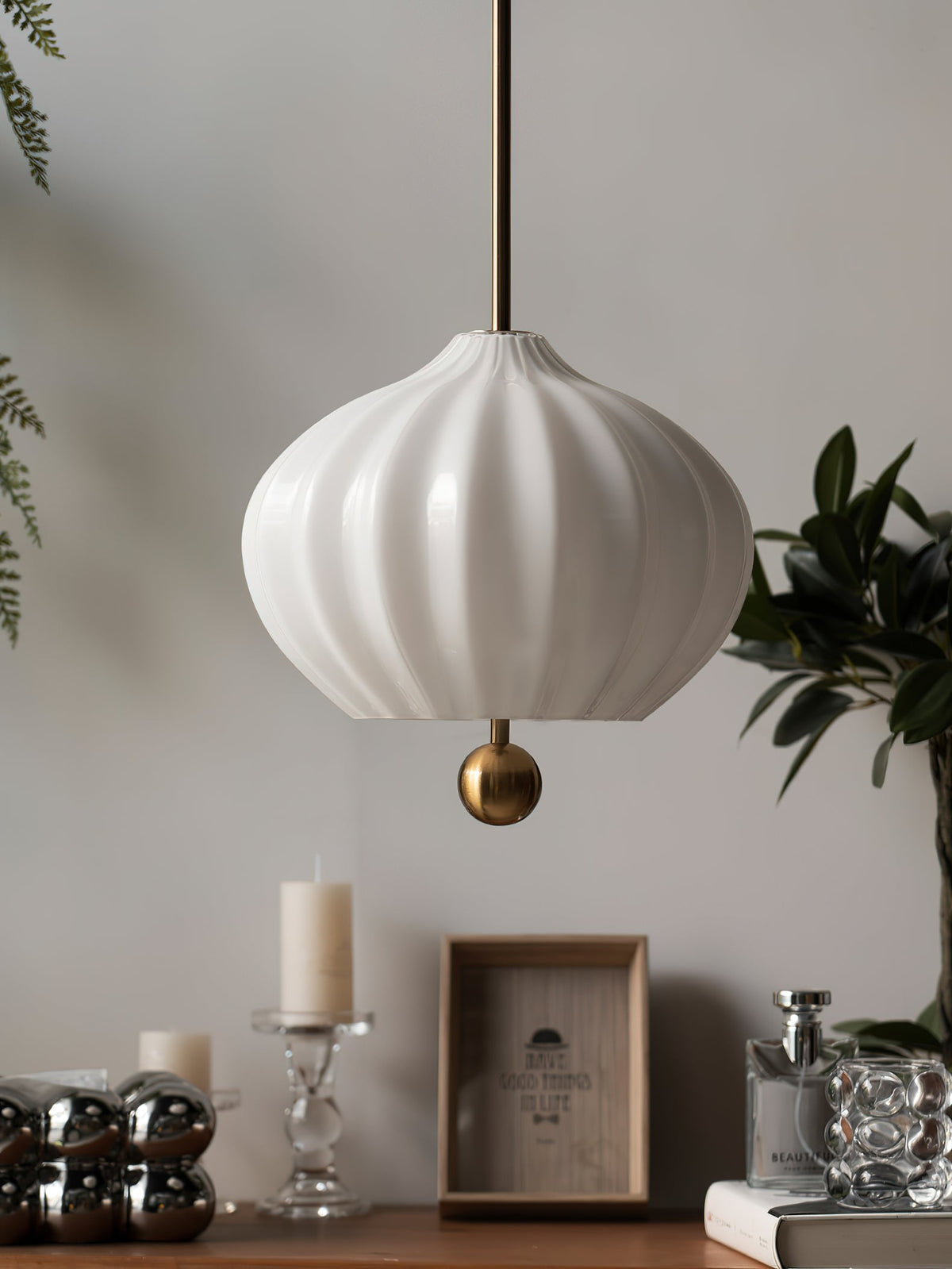 Lilli Pendant Lamp - Floral Hand-Blown Opal Glass & Brass Pendant