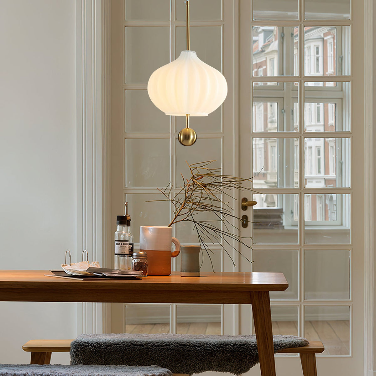 Lilli Pendant Lamp - Floral Hand-Blown Opal Glass & Brass Pendant