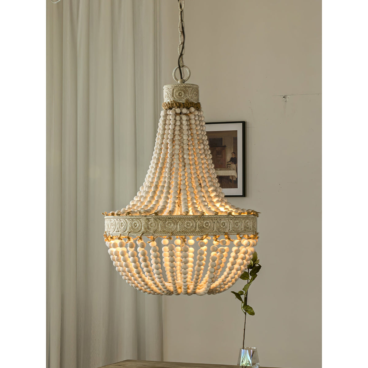 Littlefield Beaded Chandelier - Two-Tier Wooden Bead Coastal Pendant