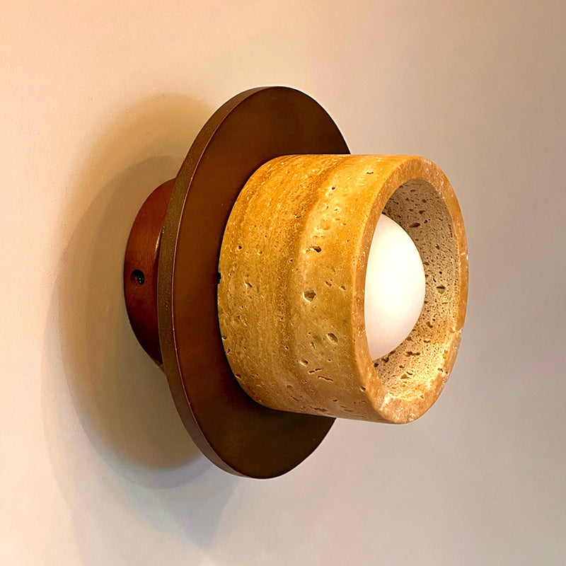Logatec Travertine Wall Lamp - Carved Natural Travertine & Walnut Sconce