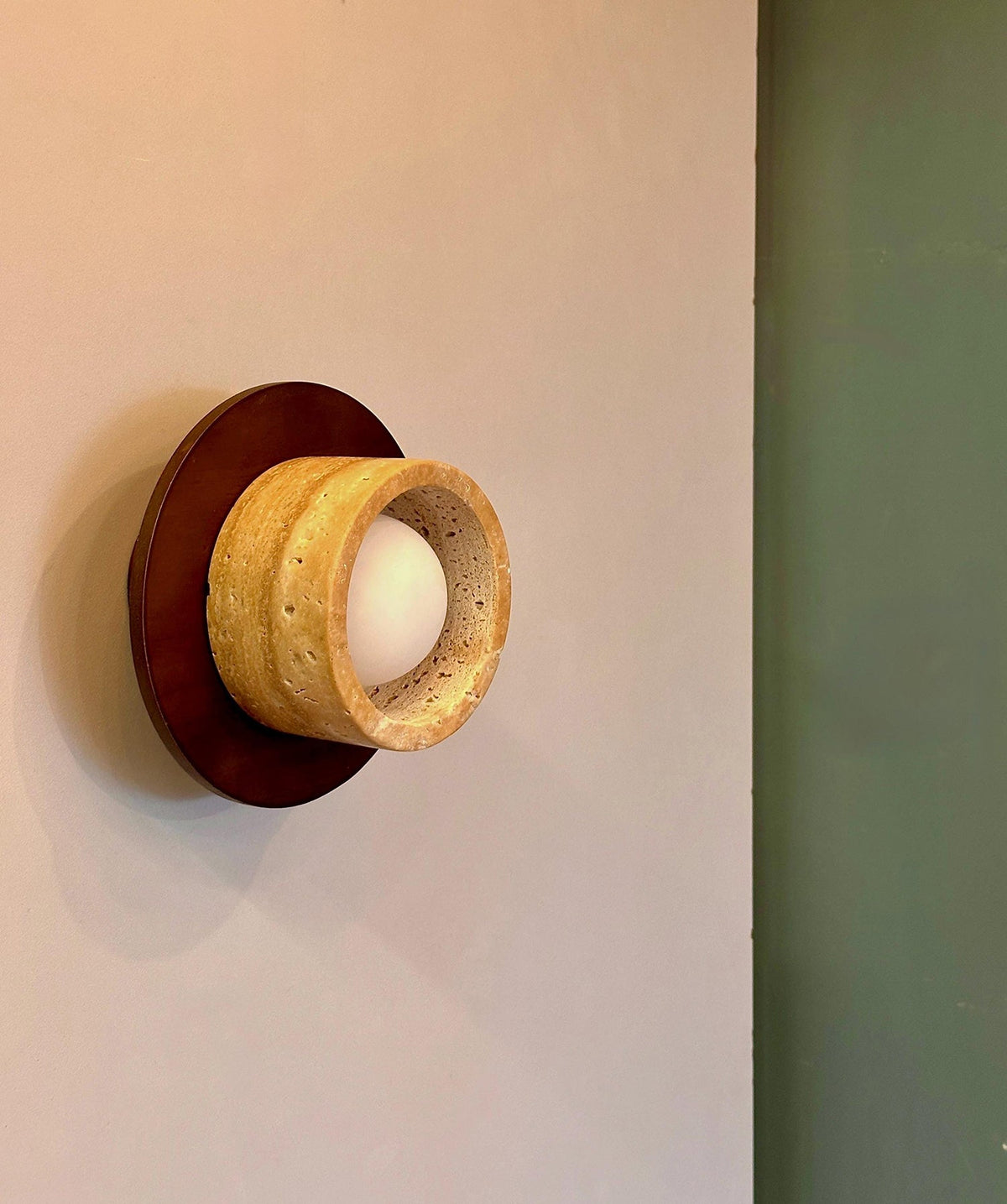 Logatec Travertine Wall Lamp - Carved Natural Travertine & Walnut Sconce