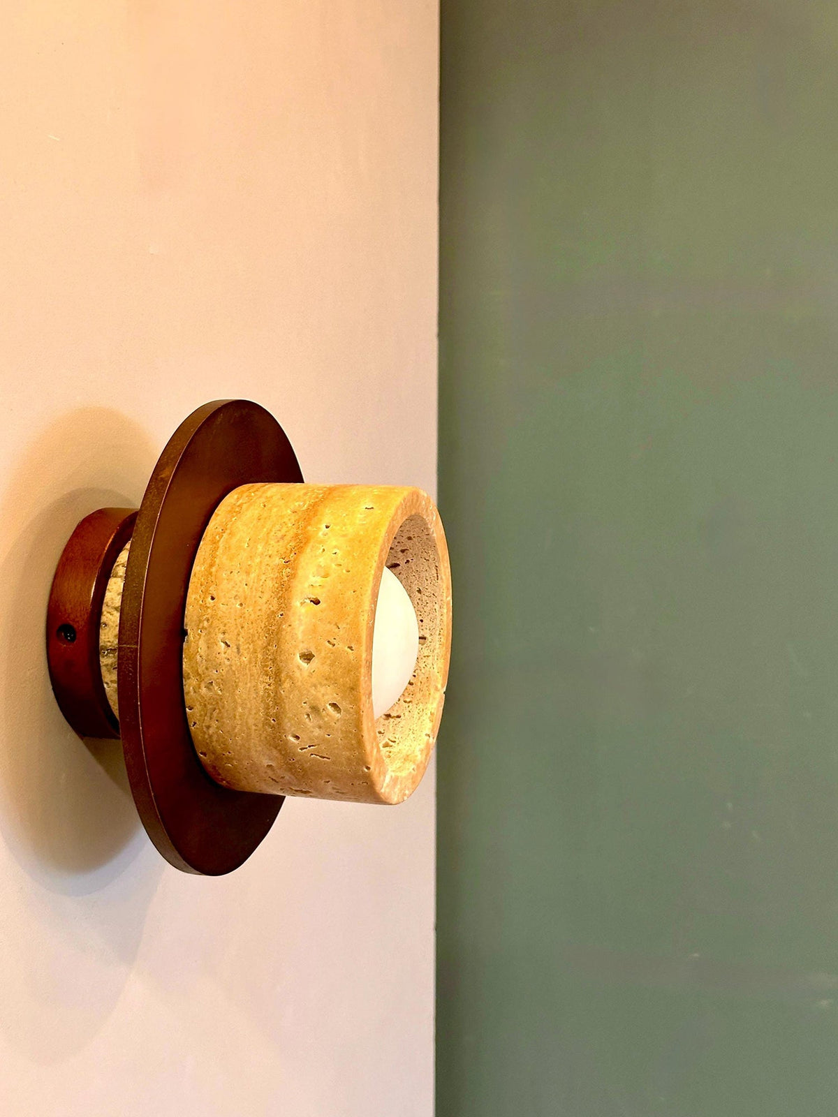 Logatec Travertine Wall Lamp - Carved Natural Travertine & Walnut Sconce