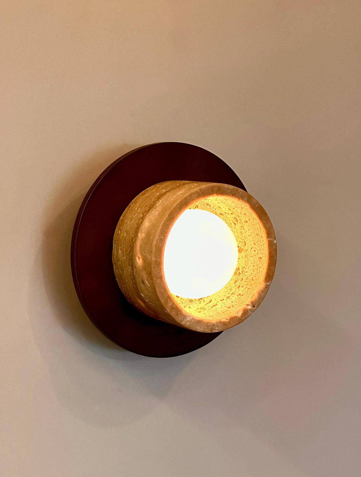 Logatec Travertine Wall Lamp - Carved Natural Travertine & Walnut Sconce