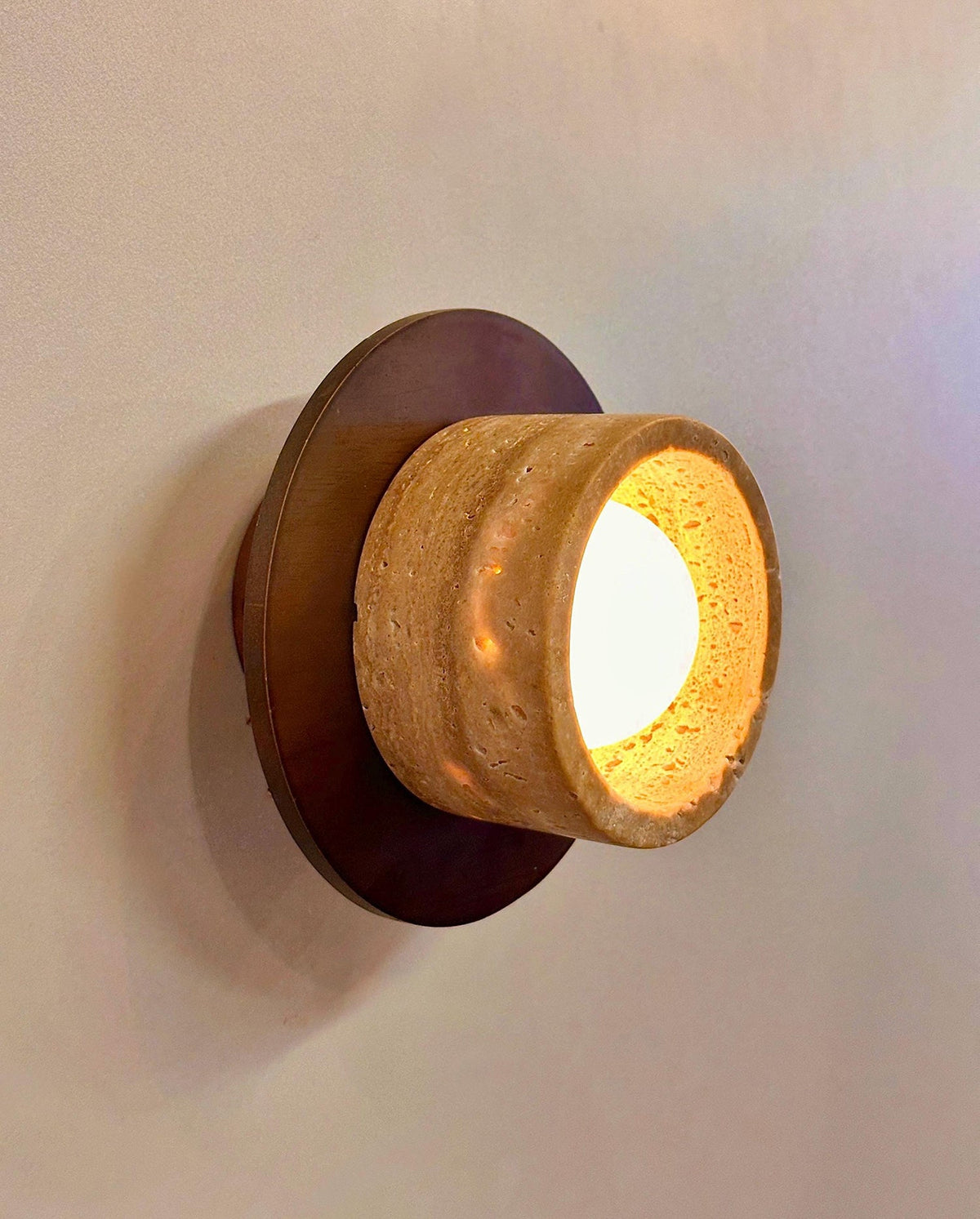 Logatec Travertine Wall Lamp - Carved Natural Travertine & Walnut Sconce