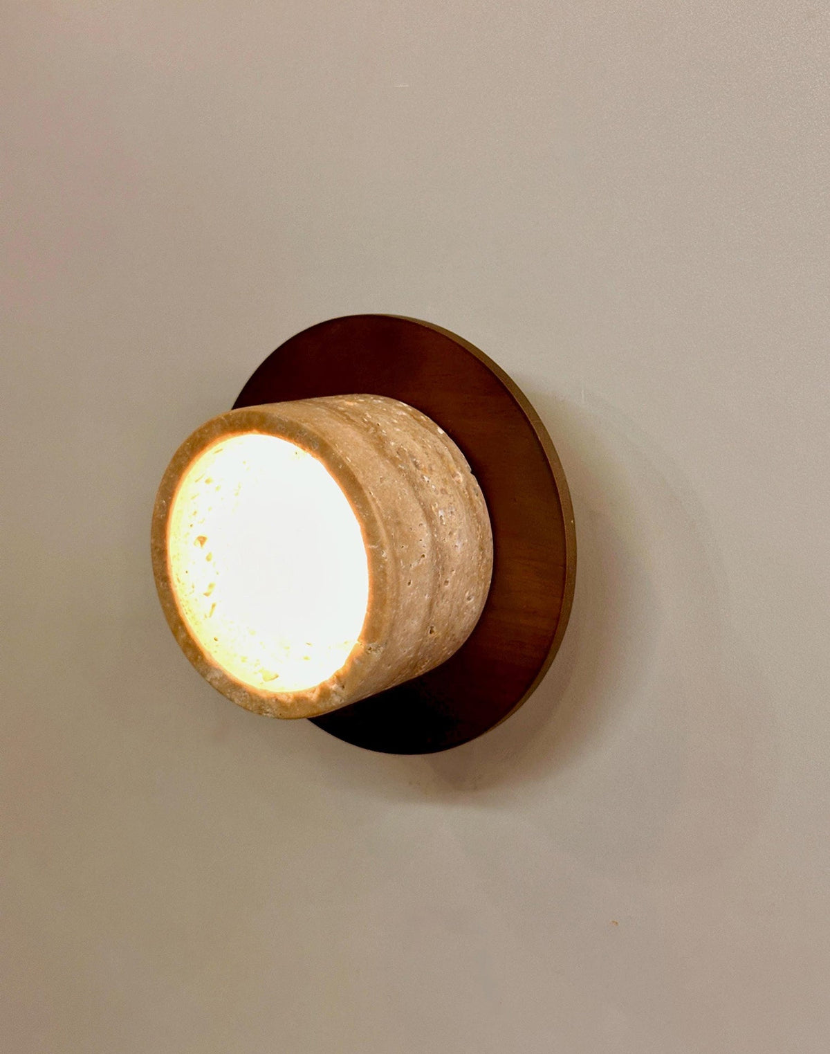 Logatec Travertine Wall Lamp - Carved Natural Travertine & Walnut Sconce