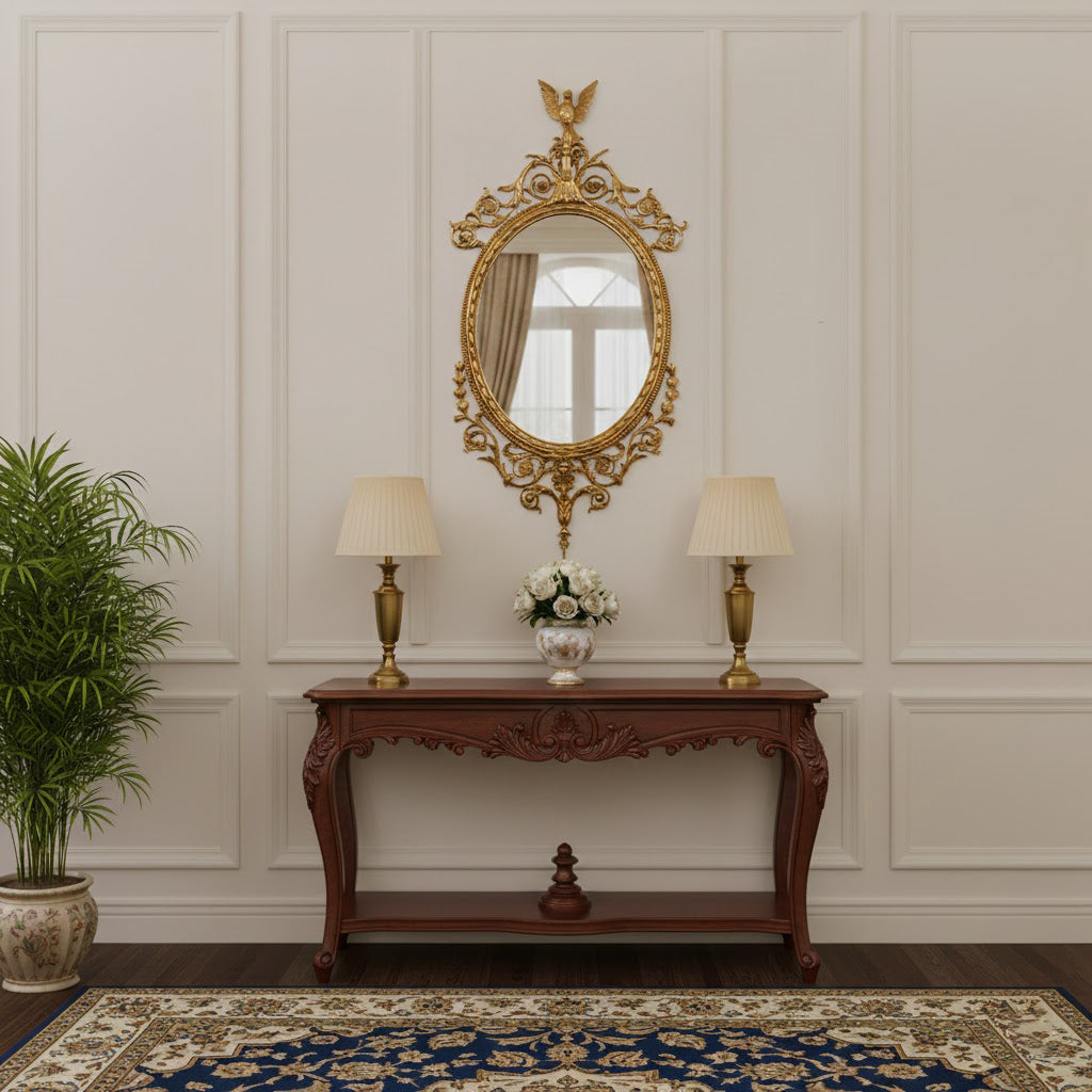 Louis Wood Flat Wall Mirror - Rococo Brass Framed Accent Mirror