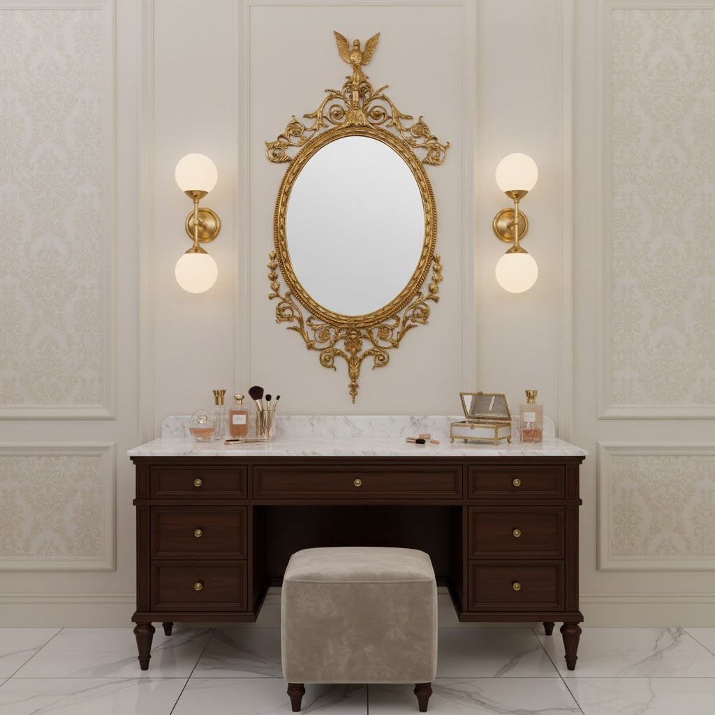 Louis Wood Flat Wall Mirror - Rococo Brass Framed Accent Mirror
