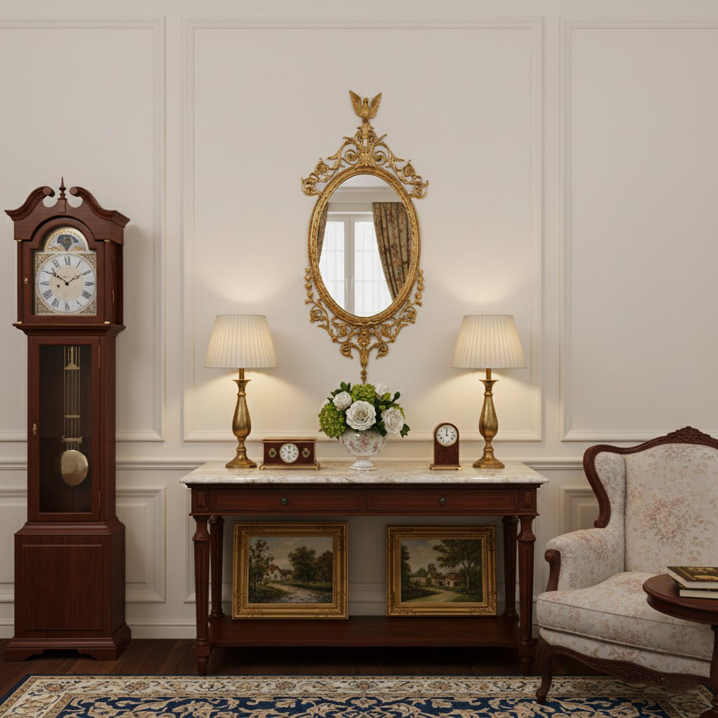 Louis Wood Flat Wall Mirror - Rococo Brass Framed Accent Mirror