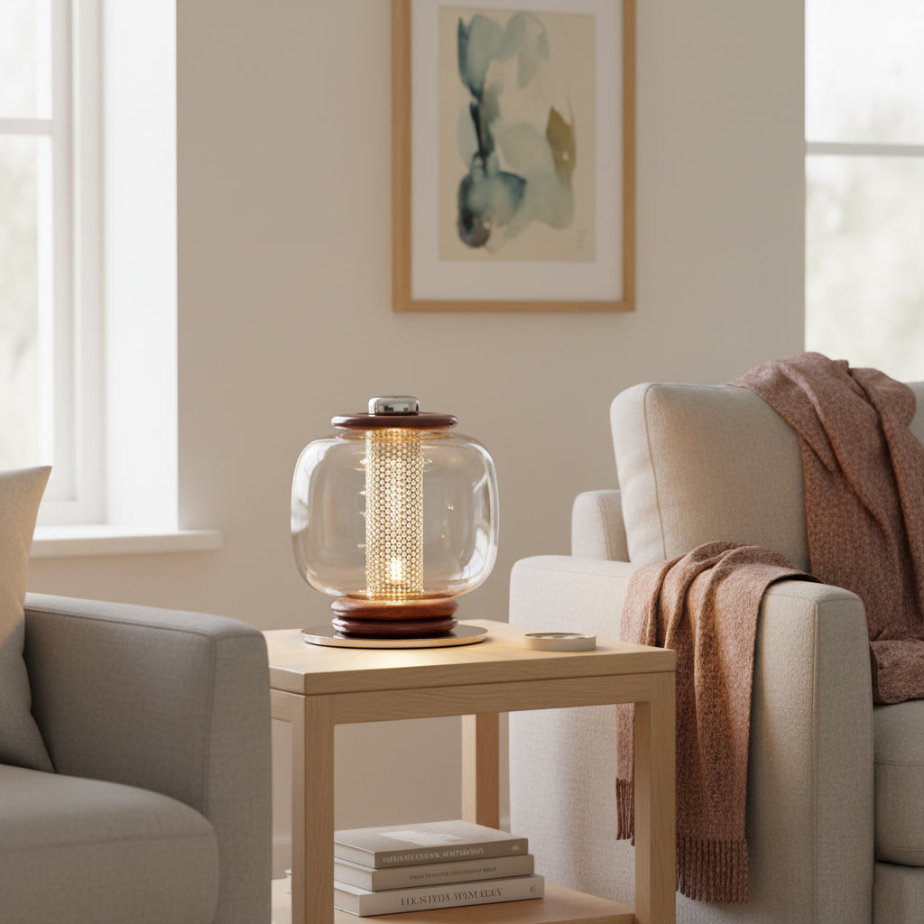 Loulou Glass Table Lamp - Hand-Blown Ringed Glass Globe LED Light