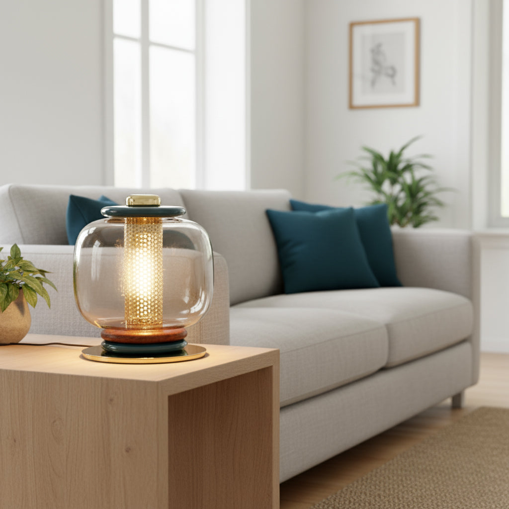 Loulou Glass Table Lamp - Hand-Blown Ringed Glass Globe LED Light