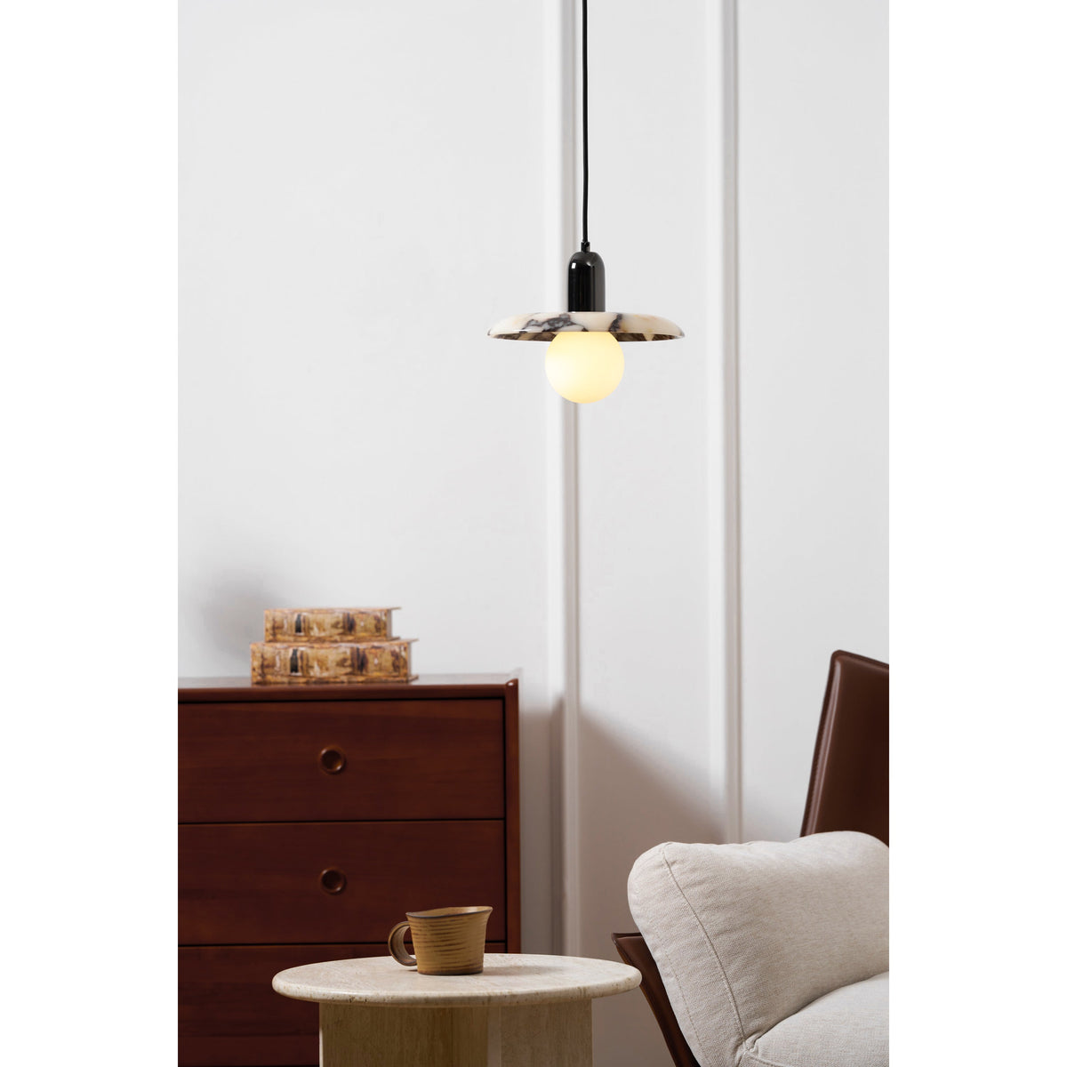 Lu Pendant Lamp - Carved Bulgari Marble & Metal Dome Pendant
