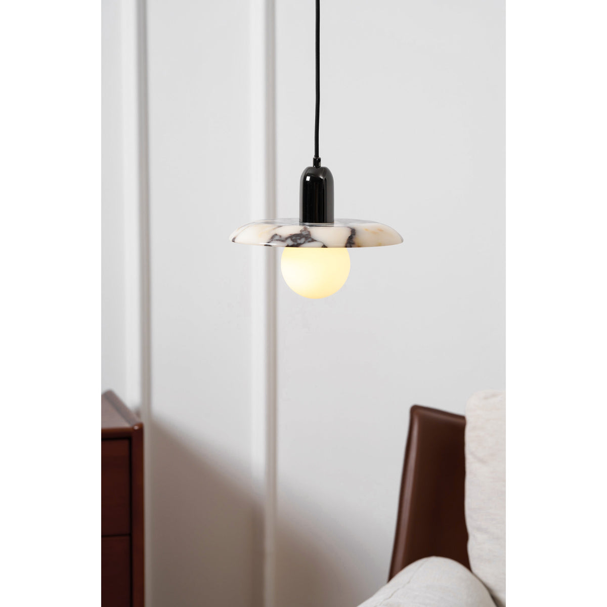 Lu Pendant Lamp - Carved Bulgari Marble & Metal Dome Pendant