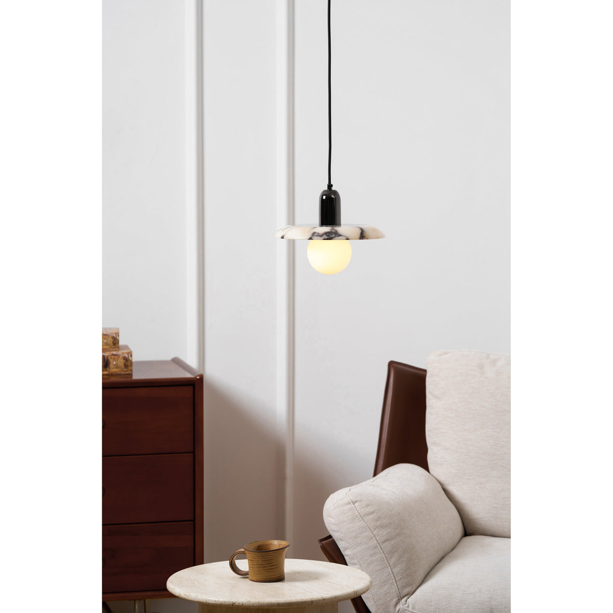 Lu Pendant Lamp - Carved Bulgari Marble & Metal Dome Pendant