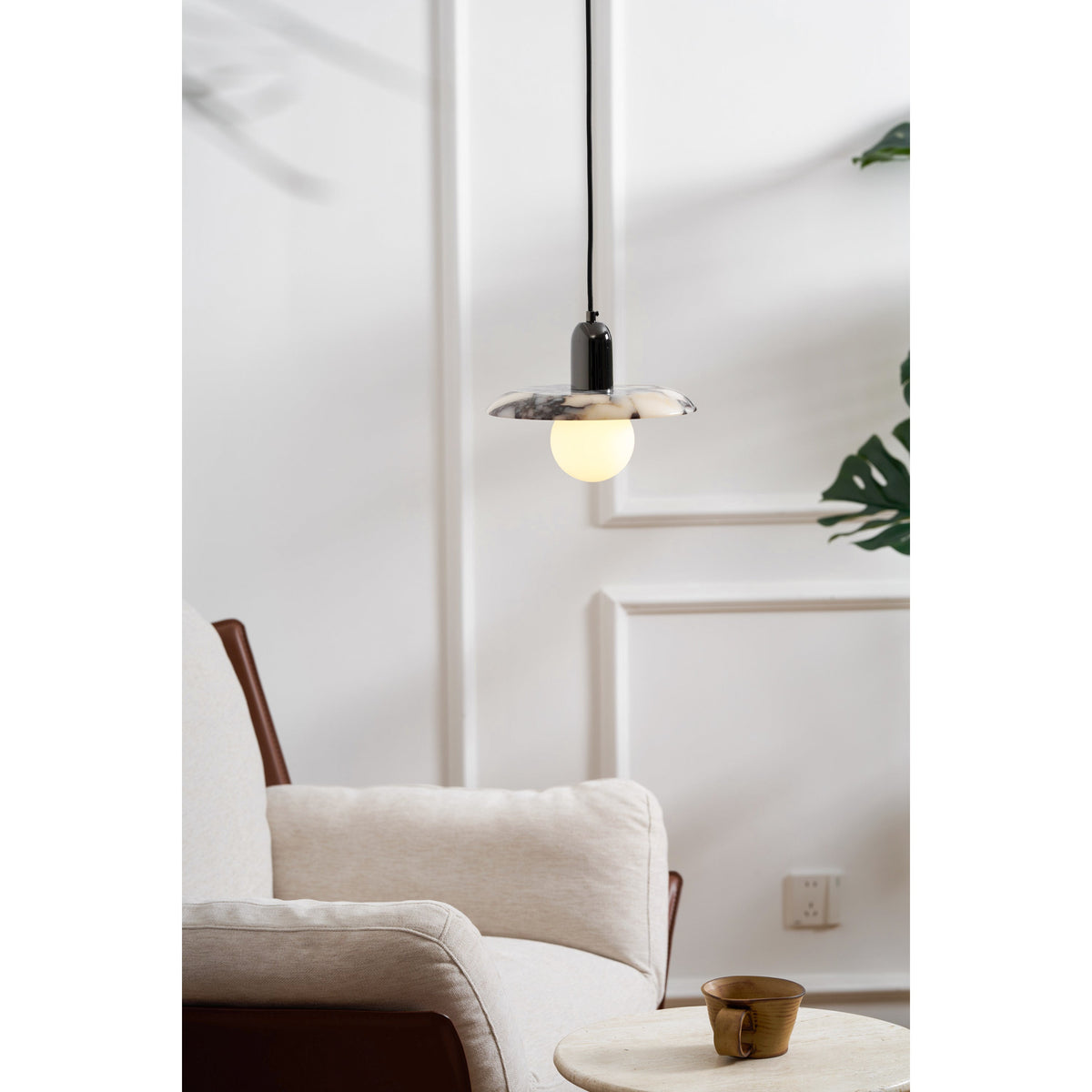 Lu Pendant Lamp - Carved Bulgari Marble & Metal Dome Pendant