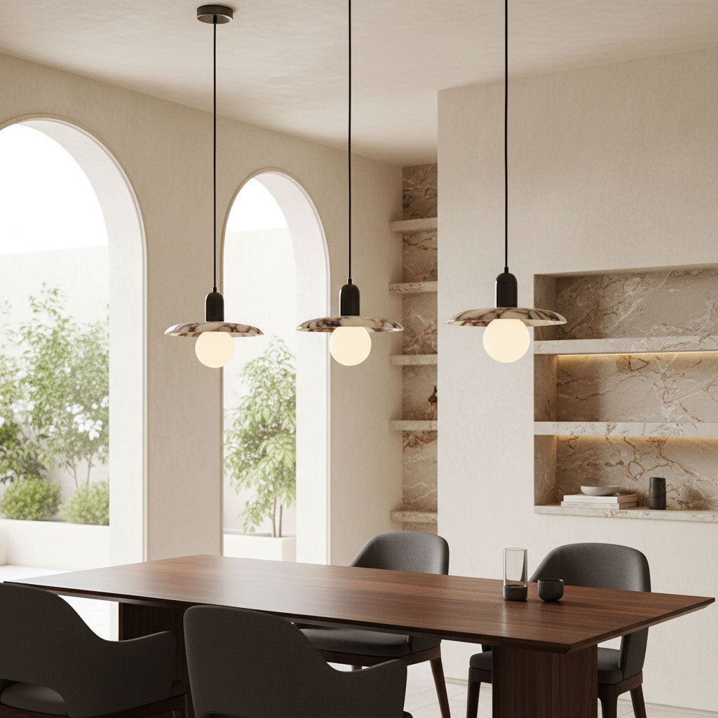 Lu Pendant Lamp - Carved Bulgari Marble & Metal Dome Pendant