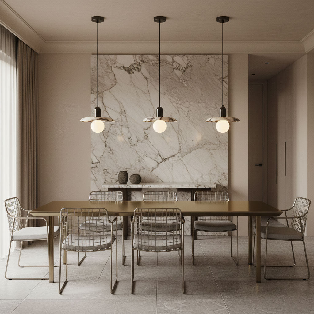 Lu Pendant Lamp - Carved Bulgari Marble & Metal Dome Pendant