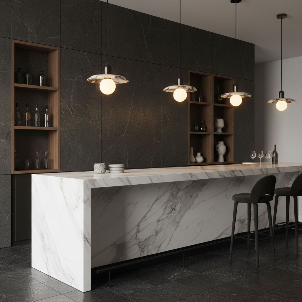 Lu Pendant Lamp - Carved Bulgari Marble & Metal Dome Pendant