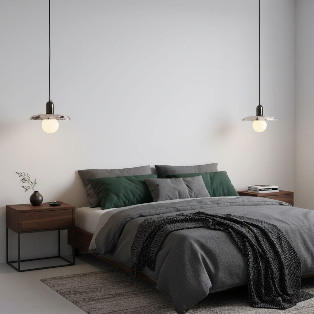 Lu Pendant Lamp - Carved Bulgari Marble & Metal Dome Pendant
