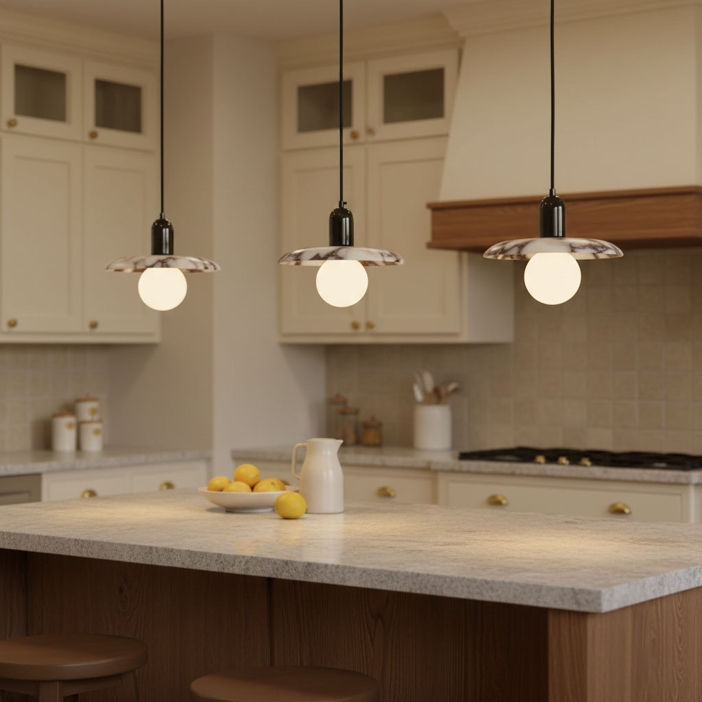 Lu Pendant Lamp - Carved Bulgari Marble & Metal Dome Pendant