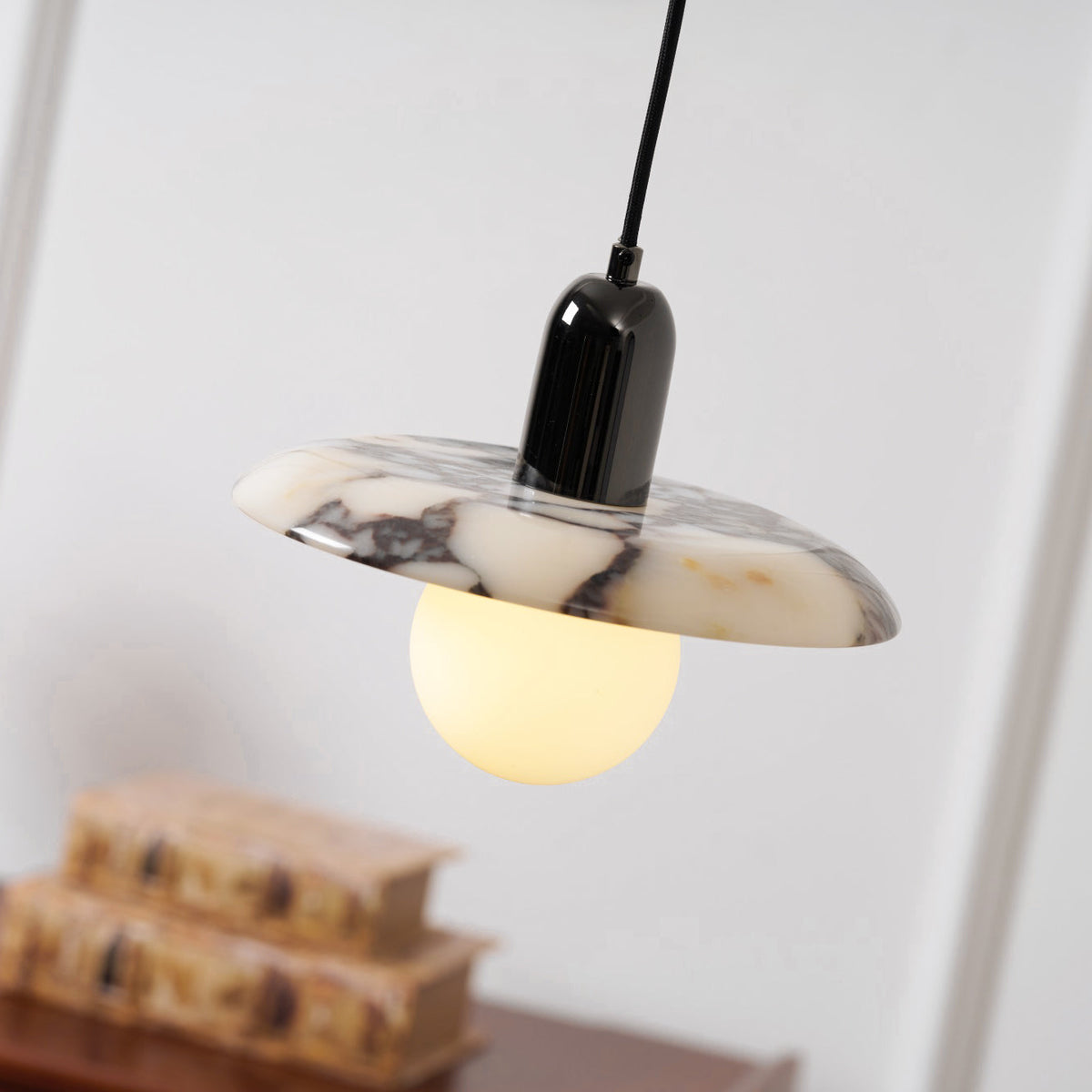 Lu Pendant Lamp - Carved Bulgari Marble & Metal Dome Pendant
