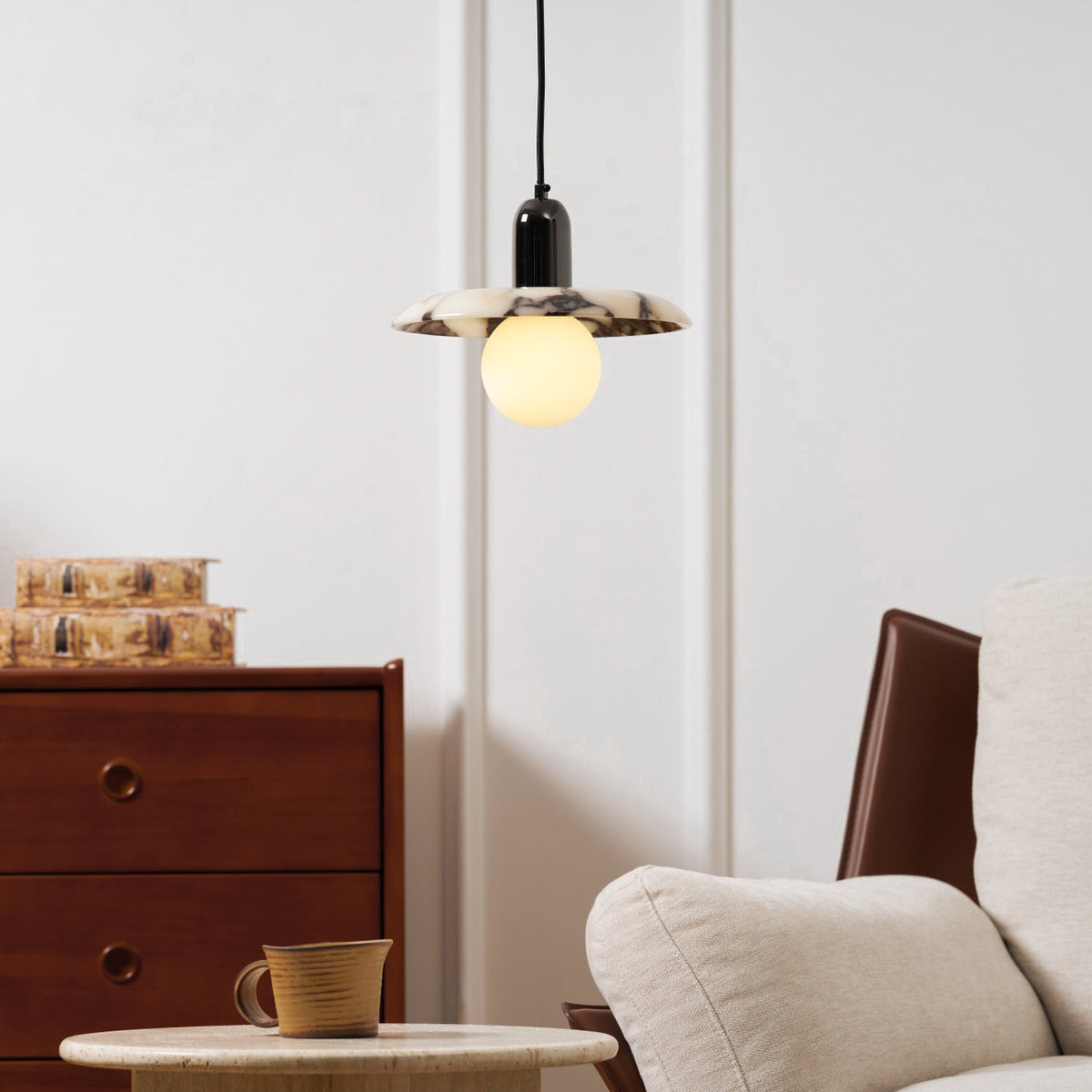 Lu Pendant Lamp - Carved Bulgari Marble & Metal Dome Pendant