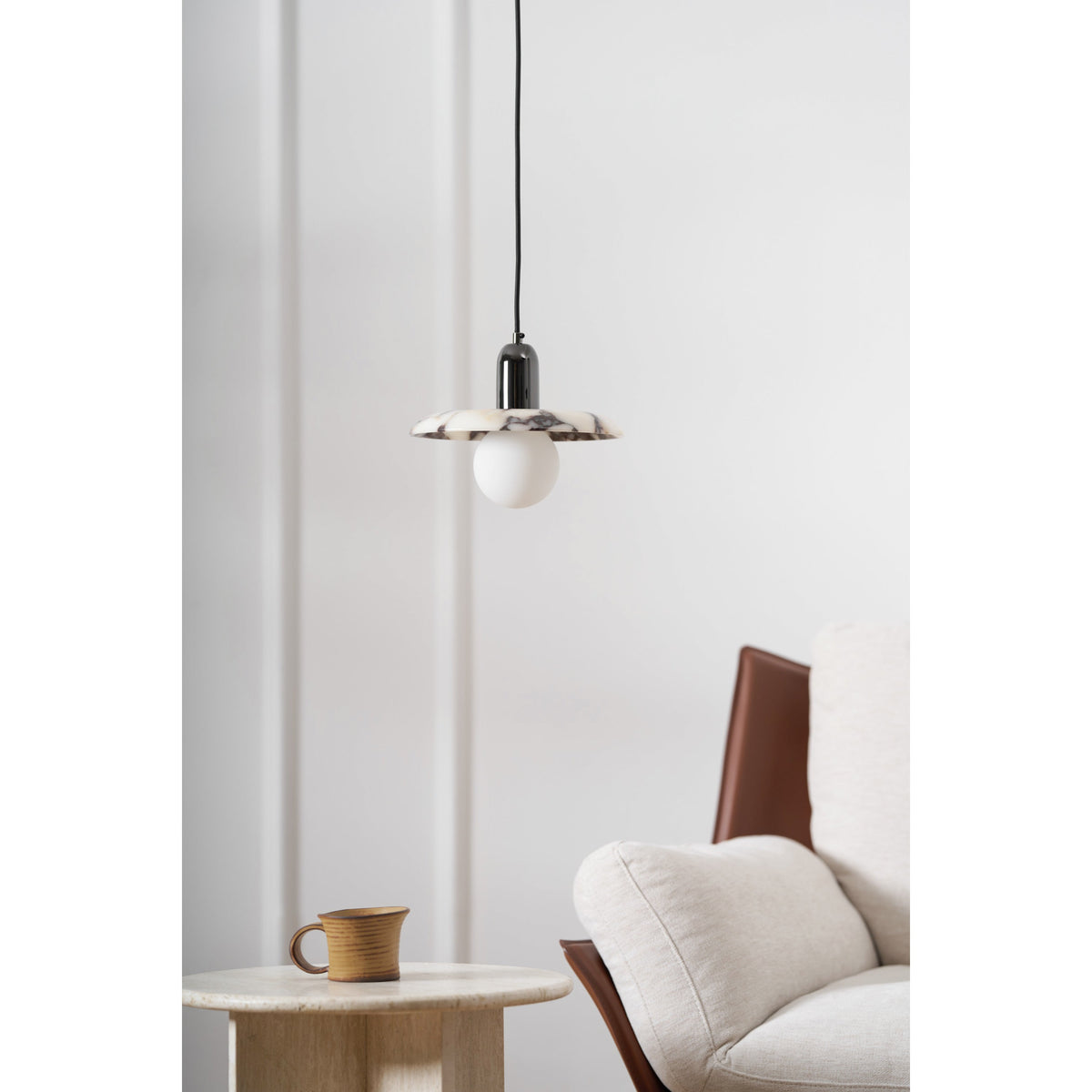 Lu Pendant Lamp - Carved Bulgari Marble & Metal Dome Pendant