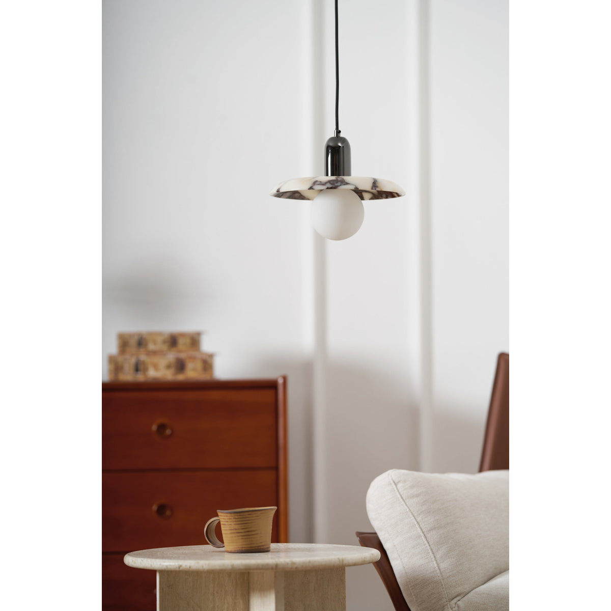 Lu Pendant Lamp - Carved Bulgari Marble & Metal Dome Pendant