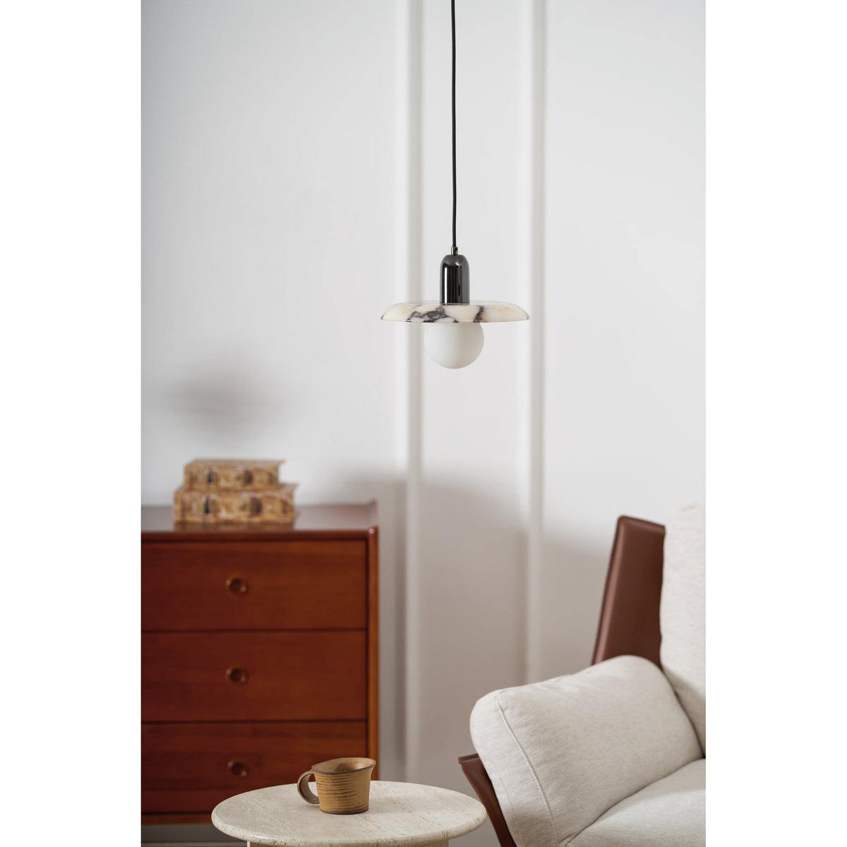 Lu Pendant Lamp - Carved Bulgari Marble & Metal Dome Pendant