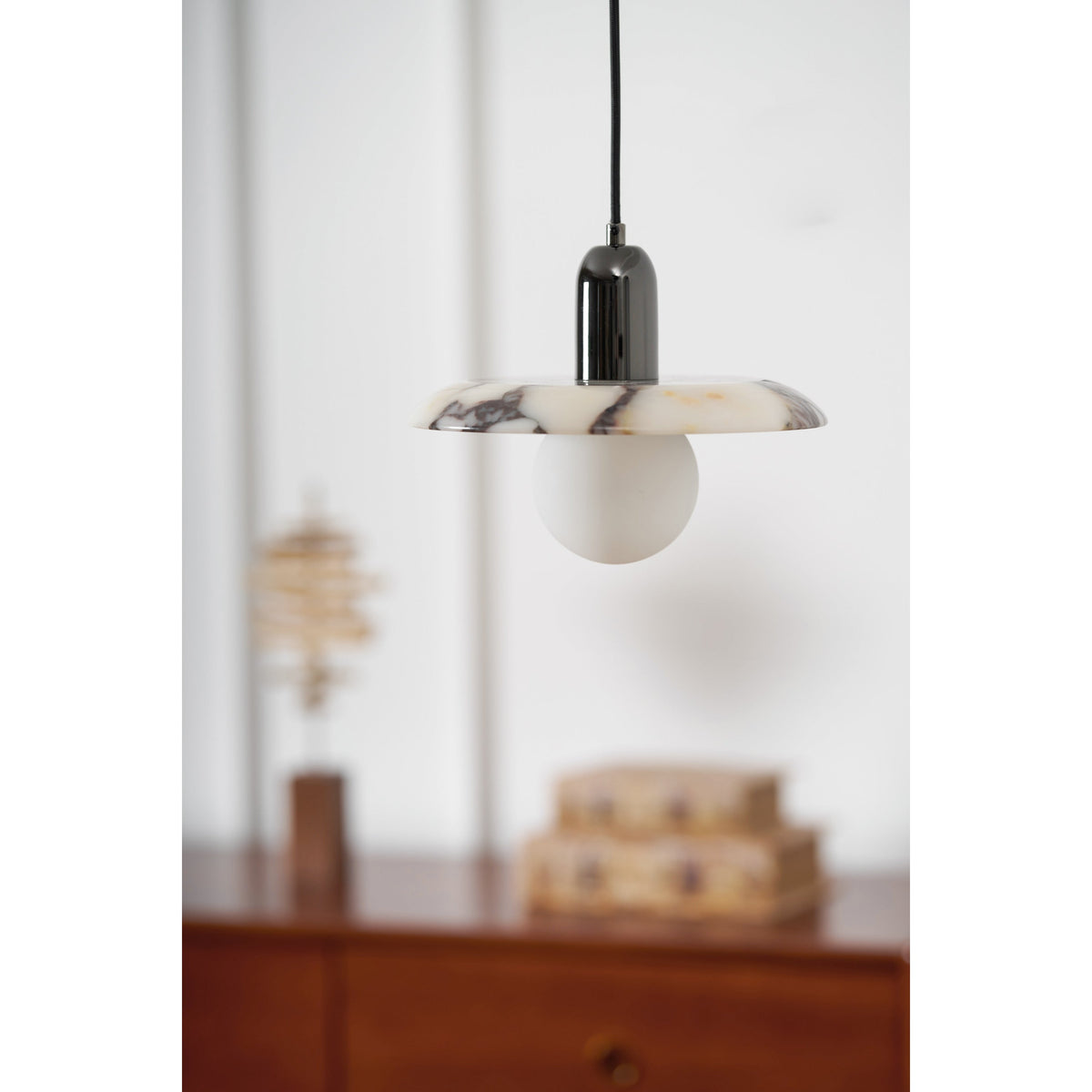 Lu Pendant Lamp - Carved Bulgari Marble & Metal Dome Pendant