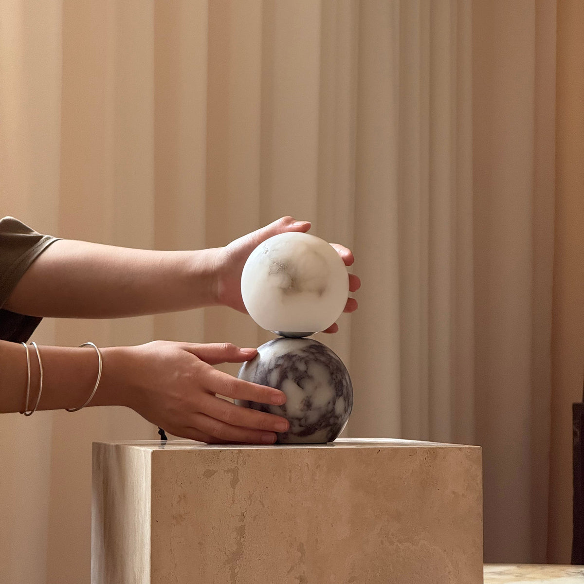 Lucide Marble Table Lamp - Natural Marble & Alabaster Spherical Desk Light