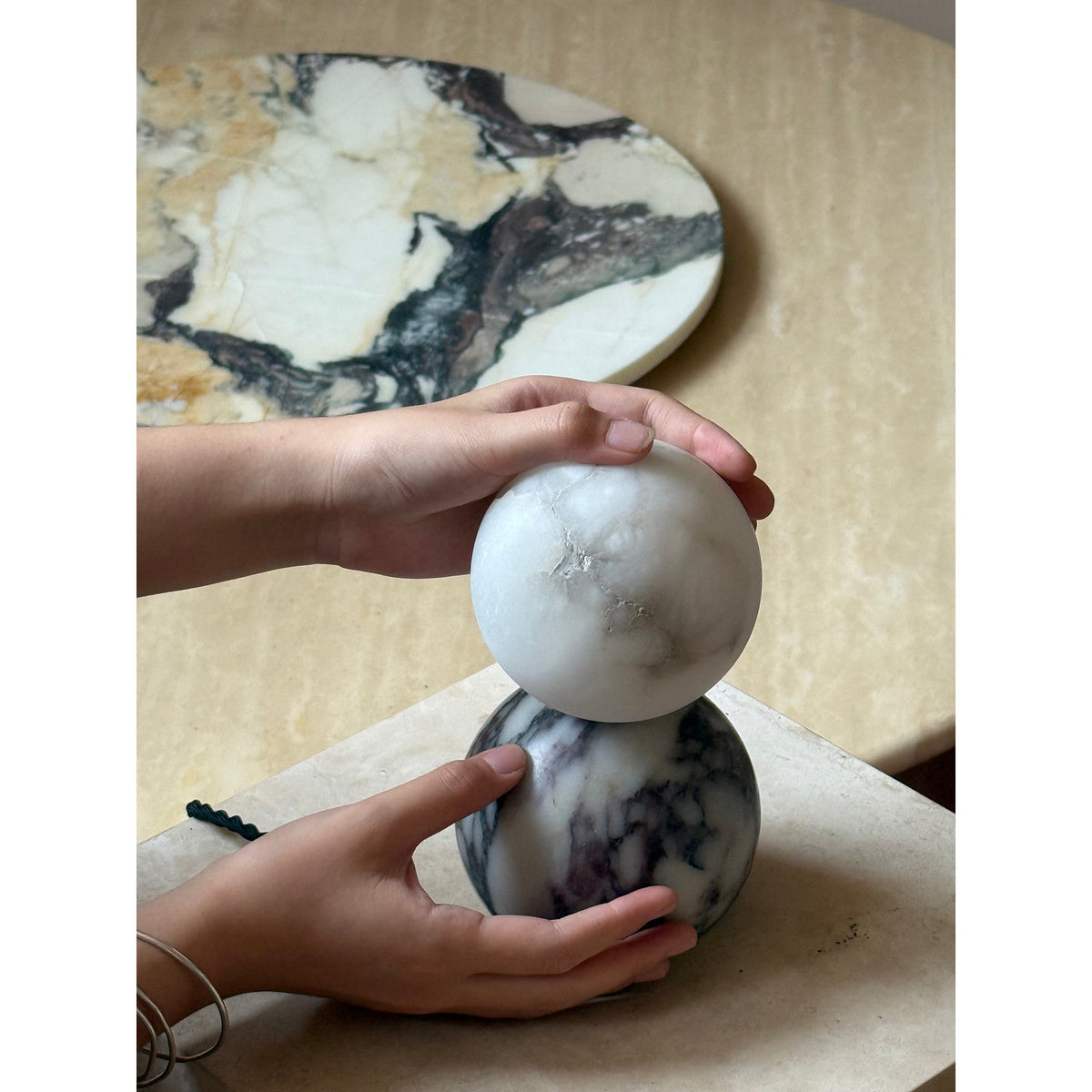 Lucide Marble Table Lamp - Natural Marble & Alabaster Spherical Desk Light