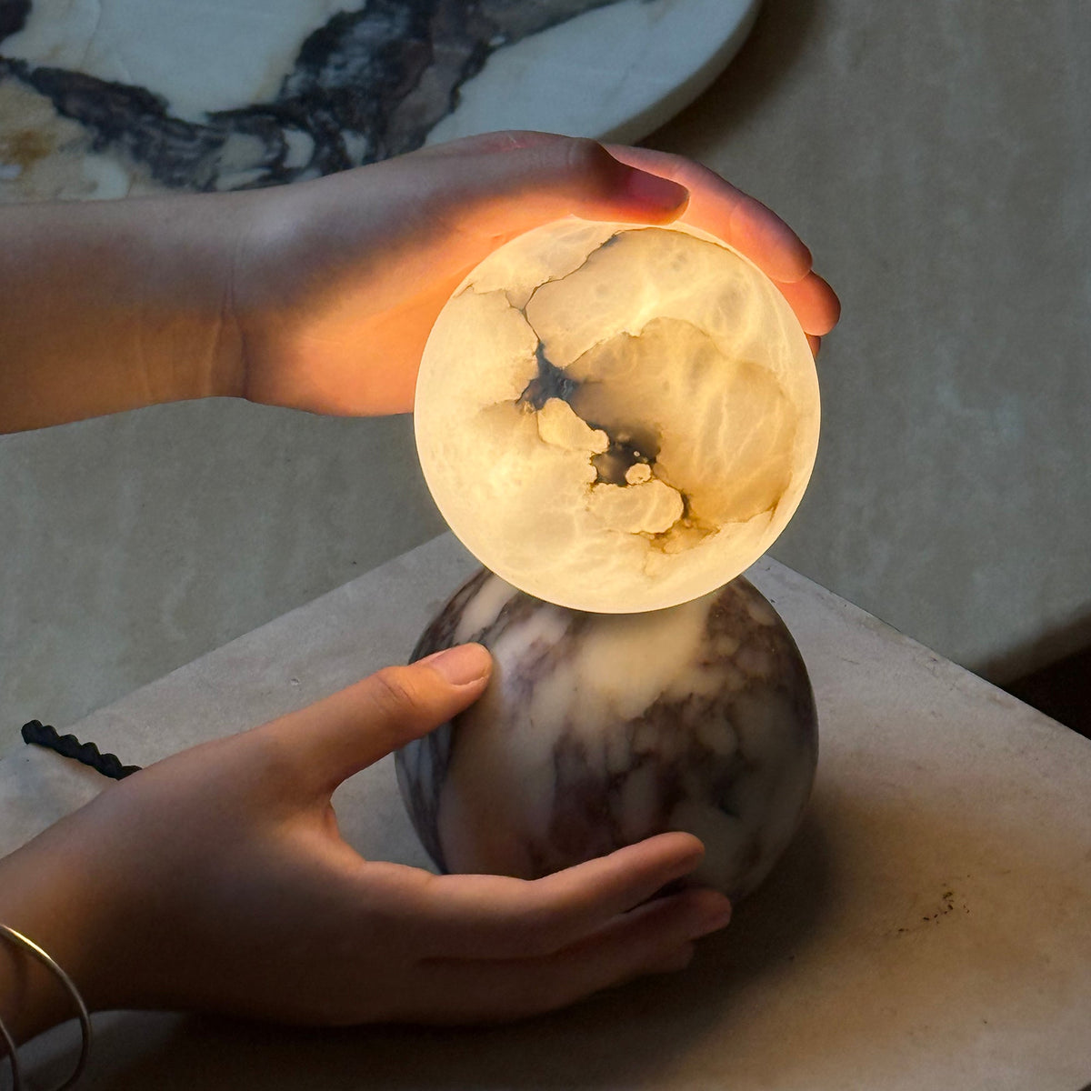 Lucide Marble Table Lamp - Natural Marble & Alabaster Spherical Desk Light