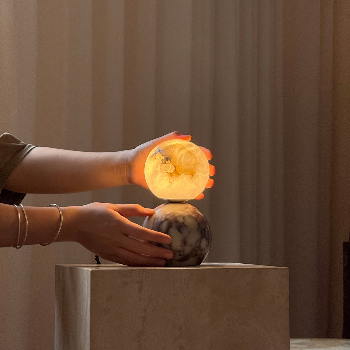 Lucide Marble Table Lamp - Natural Marble & Alabaster Spherical Desk Light