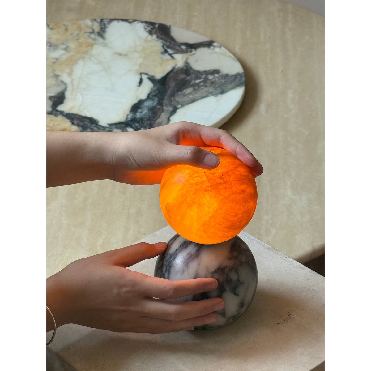 Lucide Marble Table Lamp - Natural Marble & Alabaster Spherical Desk Light