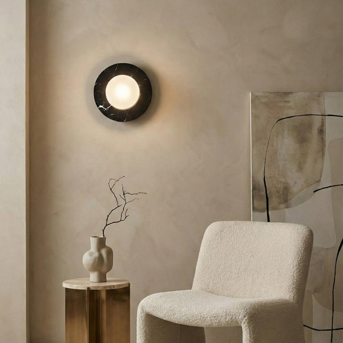 Lucie Flushmount Sconce - Natural Marble & Travertine Disc Wall Light