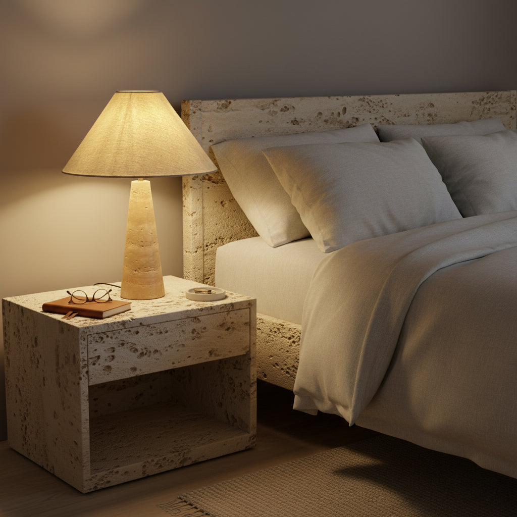 Lulu Travertine Table Lamp - Natural Stone Pedestal & Fabric Drum Shade