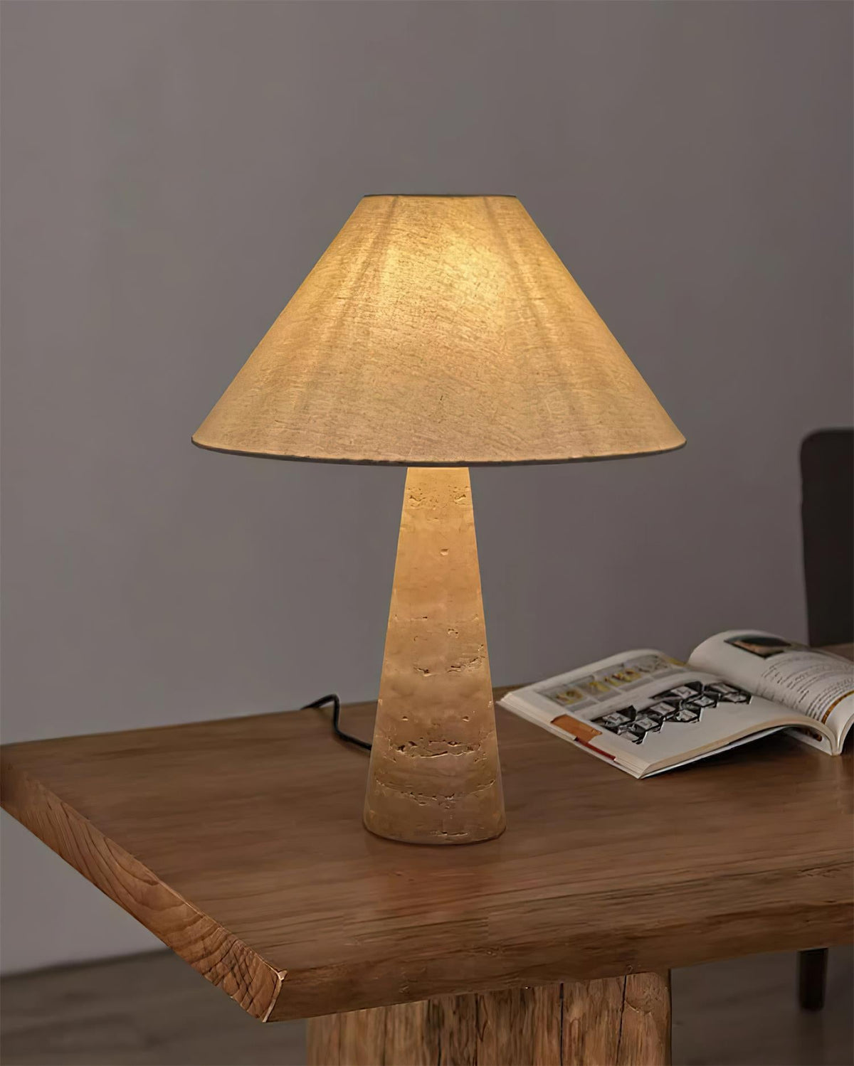Lulu Travertine Table Lamp - Natural Stone Pedestal & Fabric Drum Shade