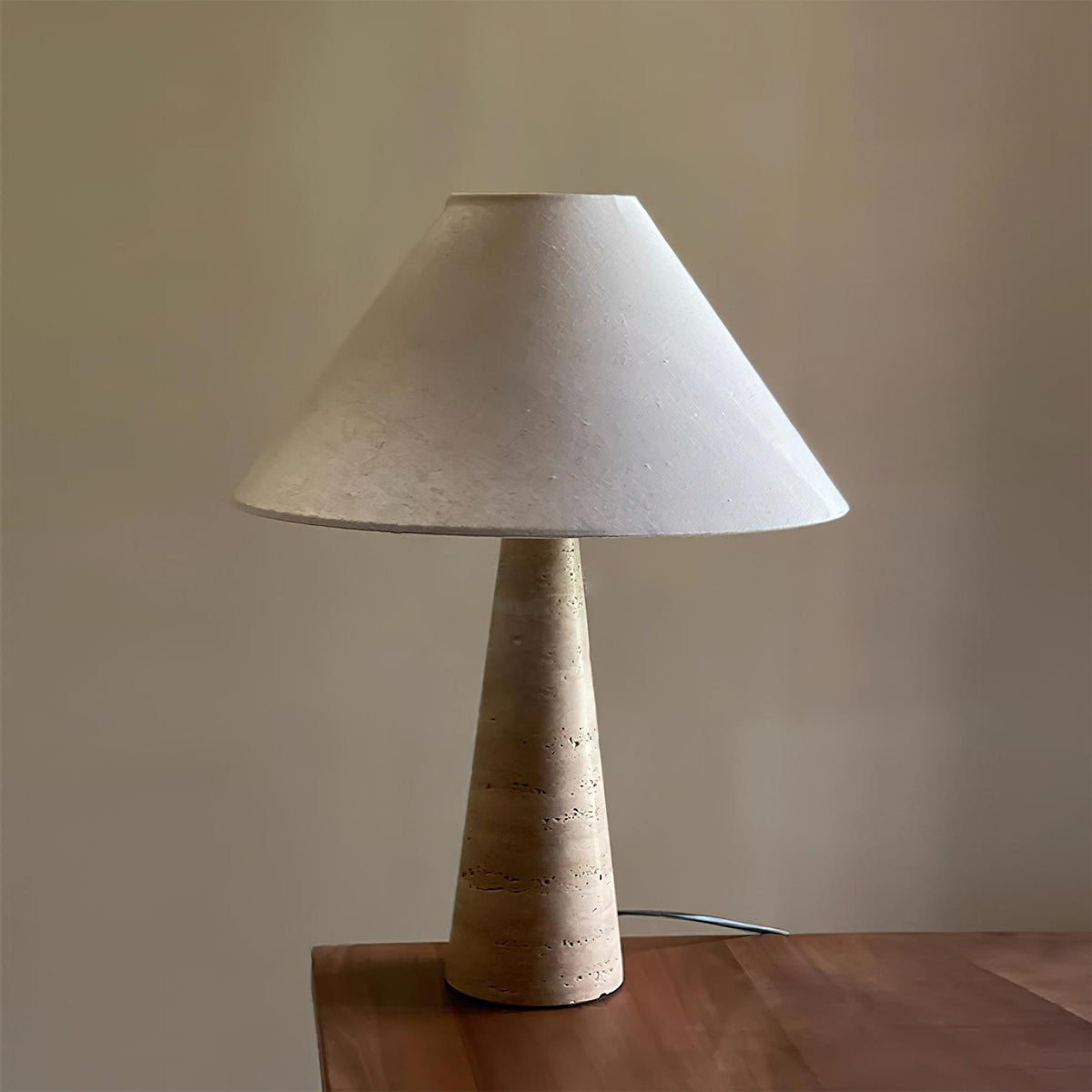 Lulu Travertine Table Lamp - Natural Stone Pedestal & Fabric Drum Shade